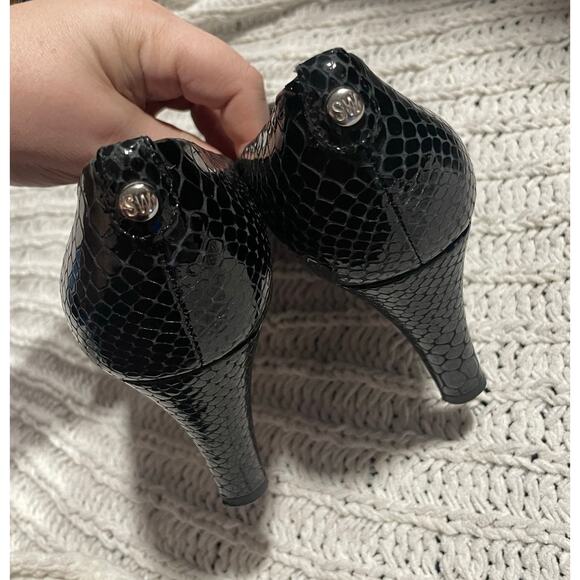 Stuart Weitzman Peep Toe Heels Leather Snake OW36069 Womens 7.5 M Reptile Black - Picture 2 of 10